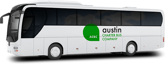 a plain white charter bus with an austin charter bus company logo on it